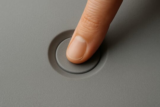Human finger pressing interactive button on sleek grey interface surface