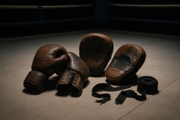 Professional boxing equipment with training gloves and focus pads in championship boxing ring environment