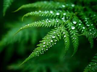 Green fern frond with water droplets against dark foliage, natural forest light and macro view, lush foliage background suitable for nature themes.
