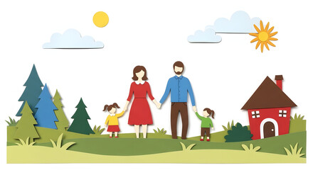 Charming Papercut Illustration of a Happy Family Standing Together in a Lush Green Landscape With a Cozy House and Sunny Sky