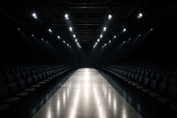 Sophisticated fashion show runway with dramatic lighting and empty audience seats