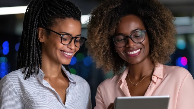 Two friends collaborating with a tablet in a modern workspace indoor setting digital interaction
