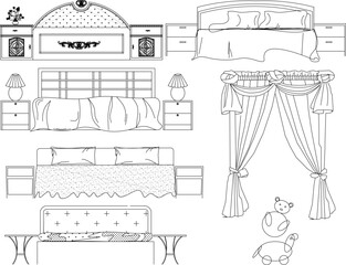 Detailed line art vector set of bedroom furniture and decor: beds, nightstands, lamps, and curtains in various elevation views.