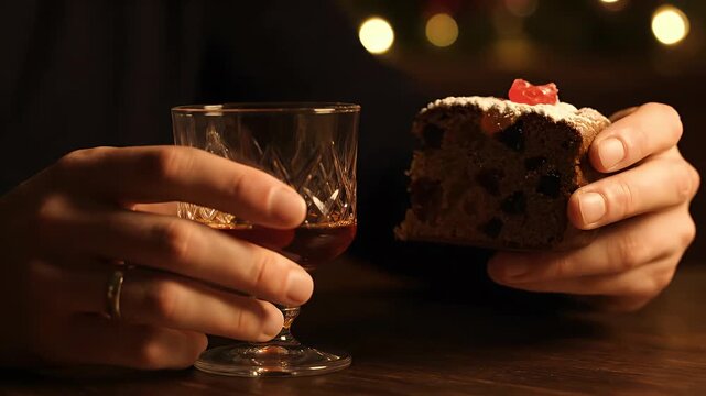 Man enjoys liquor and Christmas fruitcake dessert during festive holiday season