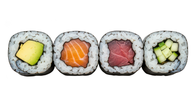 Four Fresh Sushi Rolls Salmon Tuna Avocado Cucumber Maki