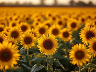 Sunflower field at golden hour with one bloom in sharp focus and blurred background, natural light and shallow depth for seasonal visuals.