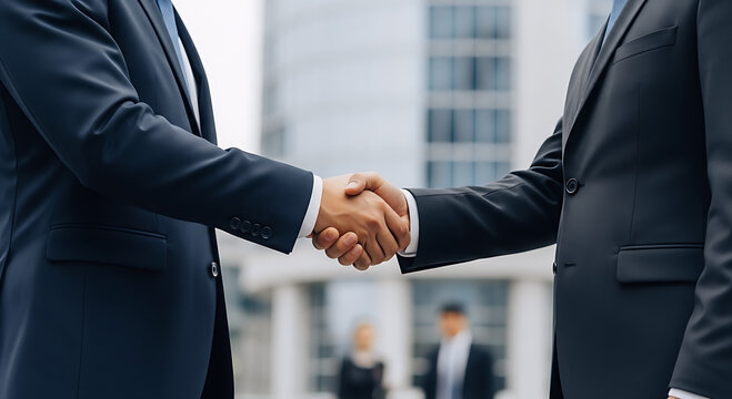 Close-up of a handshake between two businessmen in suits, standing in an outdoor urban setting with a blurred modern office building in the background, signifying a deal or agreement.