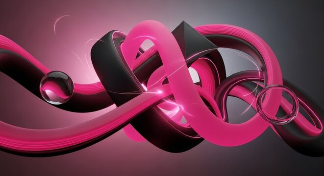 Dynamic 3D abstract background featuring intertwined, glowing wavy ribbons and spheres in vibrant pink and black, creating a bold, sleek, and energetic visual.