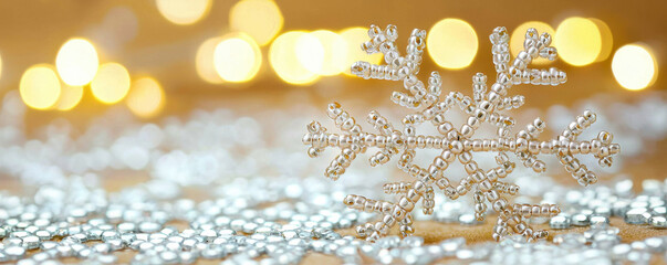 Christmas snowflake ornament sparkling with silver beads on festive background with warm golden bokeh lights creating joyful holiday mood