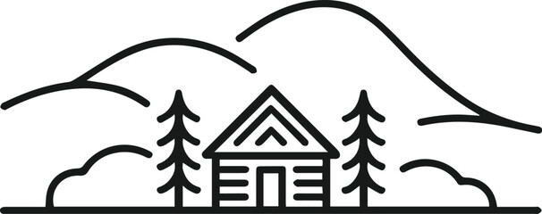 Obraz premium House with Pine Trees and Mountains. Black and White Outdoor Adventure Logo Design for Travel, Camping, and Nature Branding, Cabin Icon