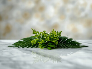 Tropical green leaves arranged on marble surface with blurred foliage background, soft natural light, clean botanical layout for product branding.