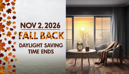 Fall back daylight saving time ends november 2nd 2026 with autumn leaves and cozy interior scene