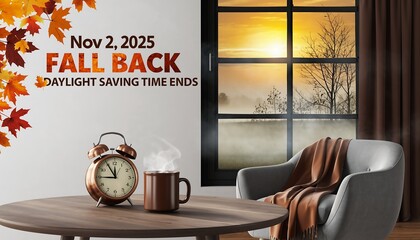 Cozy autumn morning scene with vintage alarm clock and steaming mug as daylight saving time ends on november 2 2025