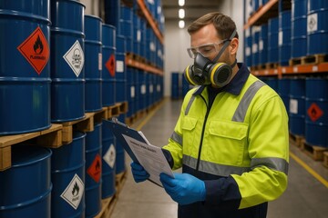 Factory worker reviewing safety datasheet in chemical storage aisle wearing full PPE