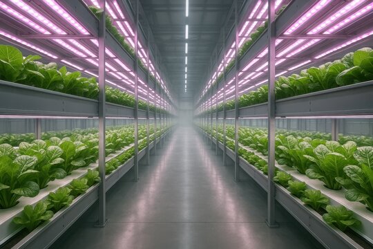 High tech indoor vertical farm with hydroponic racks LED grow lights and leafy greens - Powered by Adobe