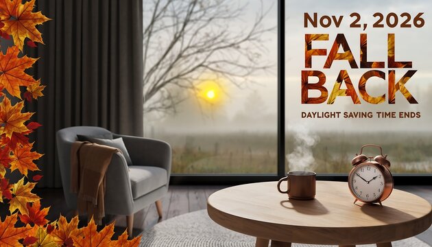 Cozy autumn living room scene with fall foliage armchair coffee and alarm clock announcing fall back daylight saving time change