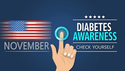 November is diabetes awareness month in the united states with a finger touching a glowing circle and american flag in the background