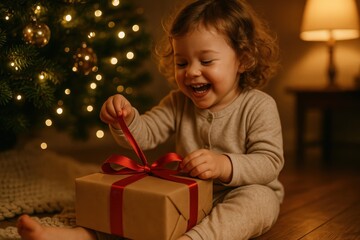 Cozy evening child unwraps gift beside twinkling tree warm home festive glow
