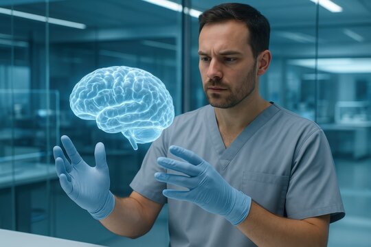 Futuristic medic analyzes holographic human brain in sterile lab with cool light