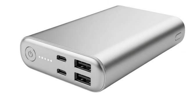 Sleek Silver Power Bank With Usbc And Usba Ports On Black
