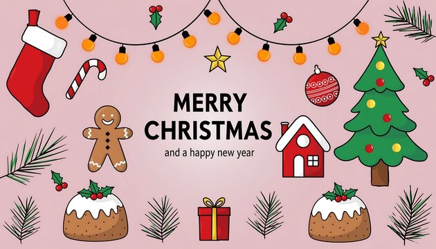 Festive hand drawn illustration of christmas elements like a tree gingerbread man candy cane and stockings with lights and text
