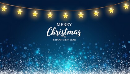 Festive merry christmas greeting with glowing star string lights and sparkling snow creating a magical winter holiday atmosphere
