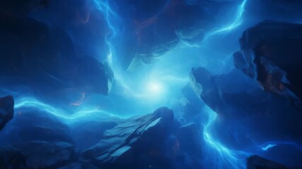 Abstract blue cosmic energy vortex with swirling luminous light and rock formations - Powered by Adobe