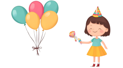 Cute Cartoon Girl Wearing Party Hat, Holding Rattle, with Balloons - Vector Illustration