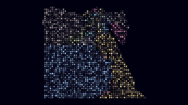Egypt map animation. Shape of the country with pulsating colored dots. Small size rounded square blocks. Digital style Egypt map on dark background. Simple video.