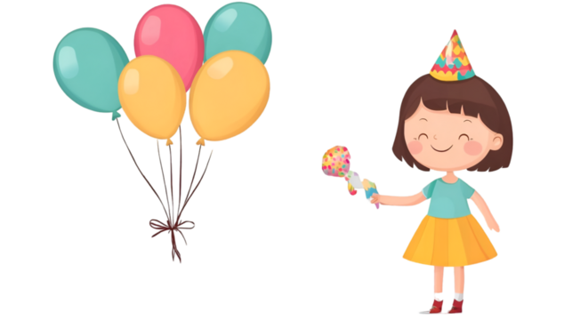 Cute Cartoon Girl Wearing Party Hat, Holding Rattle, with Balloons - Vector Illustration