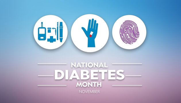 National diabetes month awareness graphic featuring icons for blood glucose monitoring a healthy hand and a fingerprint on a gradient background