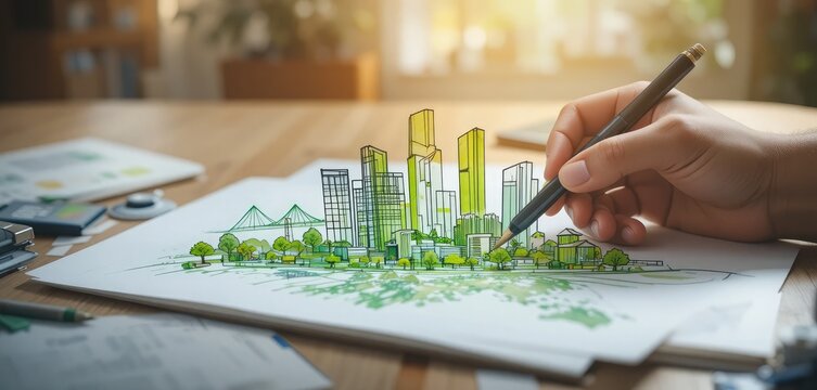 Cityscape drawing shows an architectural design with green buildings and sustainable planning representing urban development construction projects and future infrastructure sketched by hand on paper
