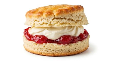 Deliciously baked scone topped with cream and strawberry jam isolated on white background