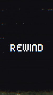 Rewind Glitch Text Animation on Black Background. VHS noise texture. Static noise, glitch effect. Videocassette recorder. Damaged cassette type, bad signal.