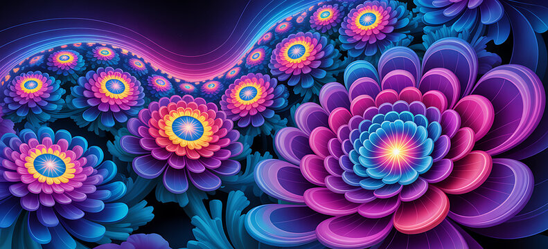 Colorful Abstract Fractal Flowers with Glowing Petals and Symmetrical Vibrant Design