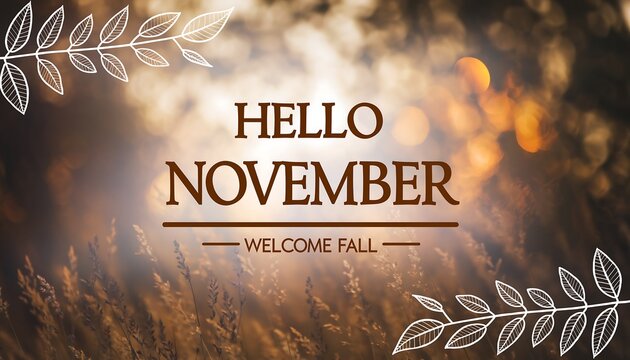 Warm autumn greeting hello november welcome fall with decorative laurel wreaths and soft bokeh background - Powered by Adobe