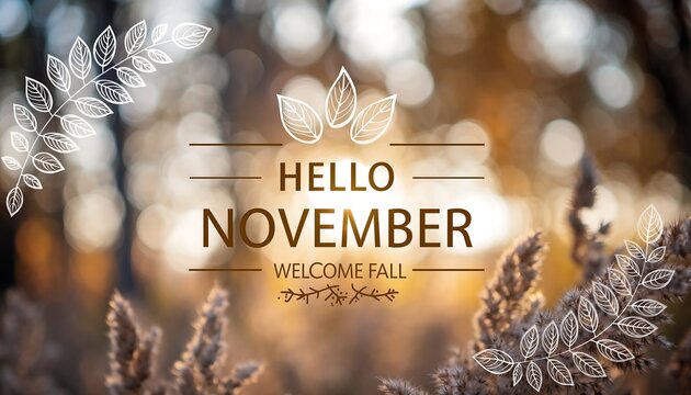 Warm and inviting hello november text overlay on a soft focus autumn background with bokeh lights and delicate floral elements