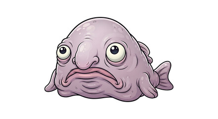 A detailed cartoon illustration of a blobfish with a sad and droopy expression, depicted in pinkish-purple hues.