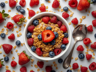 Bowl of mixed berries and granola on pale surface with scattered fruit around, top view in soft natural light, breakfast styling for food branding.