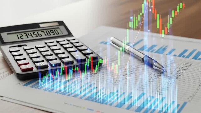 Financial tools a calculator, pen, and documents with overlaid stock market graph
