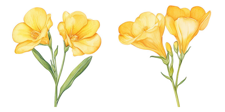 Two clusters of yellow oleander flowers isolated on transparent background, showcasing their delicate trumpet shapes and vibrant color against lush green foliage