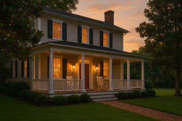 Obraz premium Charming southern style home with wraparound porch rocking chairs and soft dusk glow among magnolias