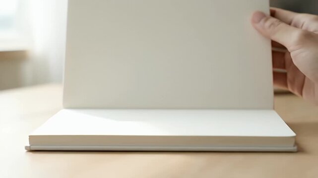 Hand opens clean blank white notepad or sketchbook on wooden desk