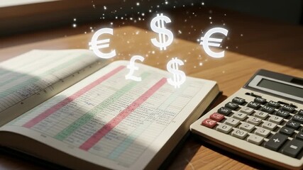 A detailed image of currency symbols floating over an open accounting book next to a calculator - Powered by Adobe