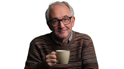 Smiling Senior Man Holding a White Coffee Mug Isolated on White