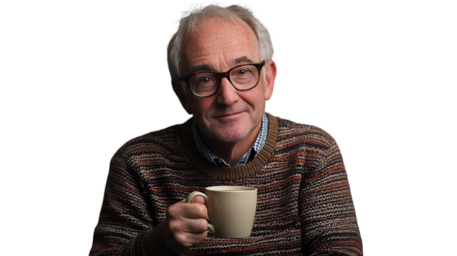 Smiling Senior Man Holding a White Coffee Mug Isolated on White