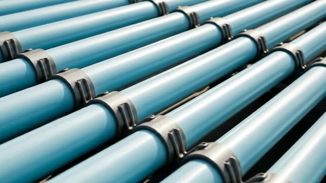 Diagonal view of several blue pipes secured by metal fasteners, with a focus on light and shadow