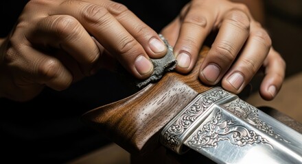 Close-up of hands sharpening a knife with a