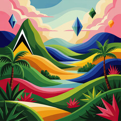 Vibrant Abstract Landscape with Geometric Mountains, Palm Trees, and Colorful Skies in Modern Vector Art Style
