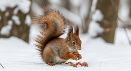 Adorable Red Squirrel (Sciurus vulgaris) with Fluffy Tail Holding a Hazelnut on Fresh Winter Snow, Surrounded by Other Nuts in a Blurred Forest Background.